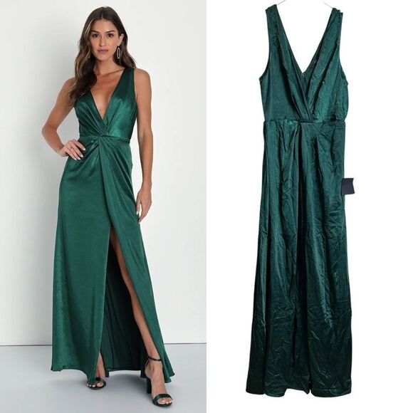 NEW Lulus Perfect Refinement Emerald Green Satin Sleeveless Pleated Maxi Dress - Picture 1 of 12
